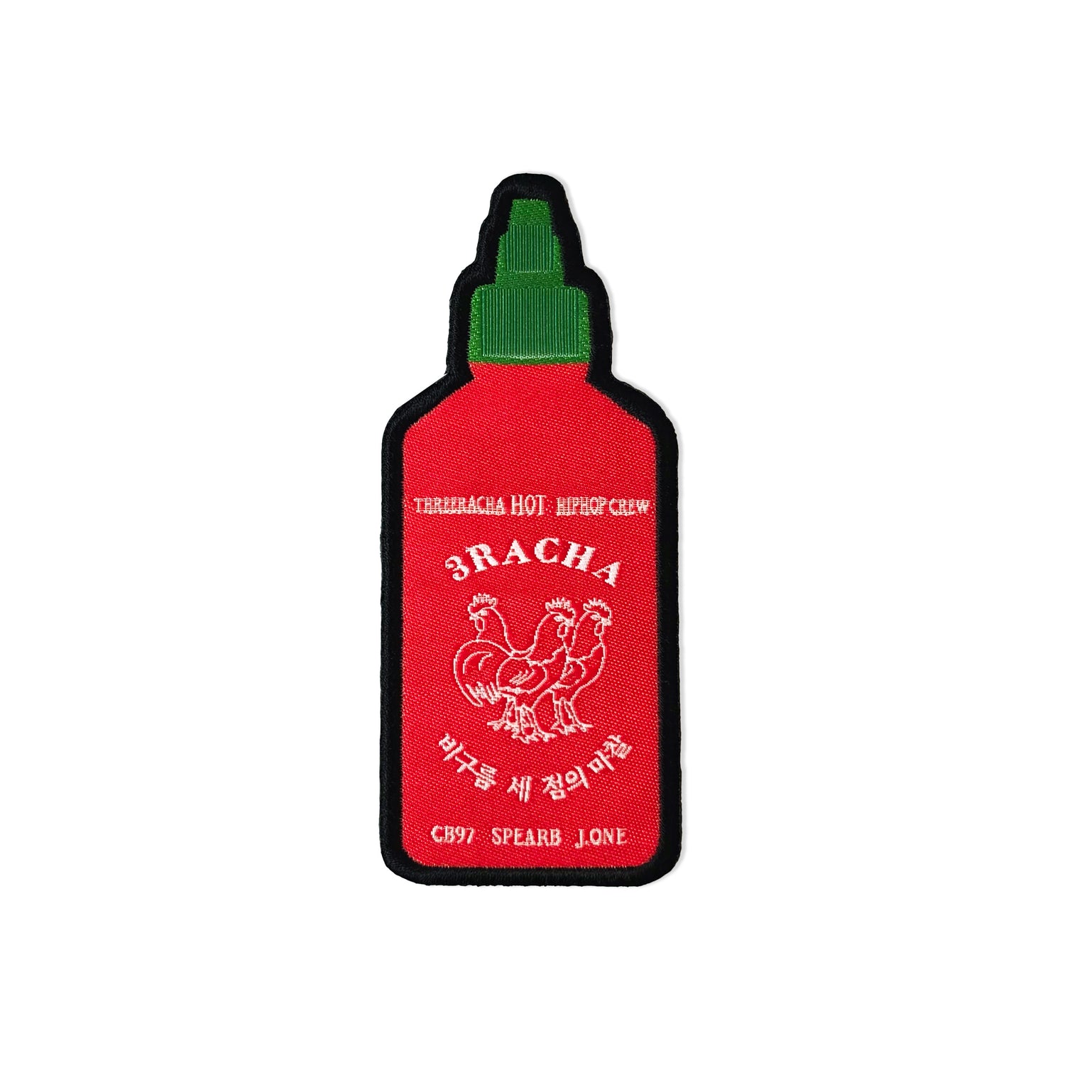 Red bottle-shaped patch with green cap on a white background